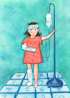 illustration of sick and injured child with dollar amounts for each ailment
