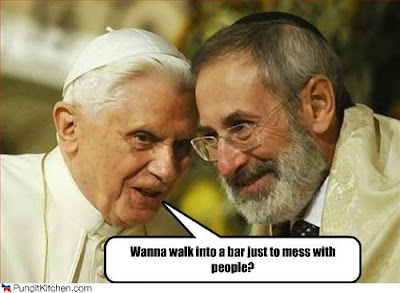 The pope and a rabbi. Caption says let's walk into a bar just to mess with people
