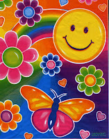 psychedelic, brightly colored painting of smiley face