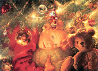 painting of child hugging teddy bear dreamily under Christmas tree
