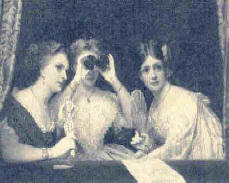 three Victorian women seen sitting in an open window