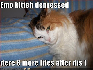 LOLcat picture of calico cat lying down. caption says emo cat depressed, 8 more lives after dis