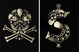 jolly Rodger and dollar sign in human bones on black background