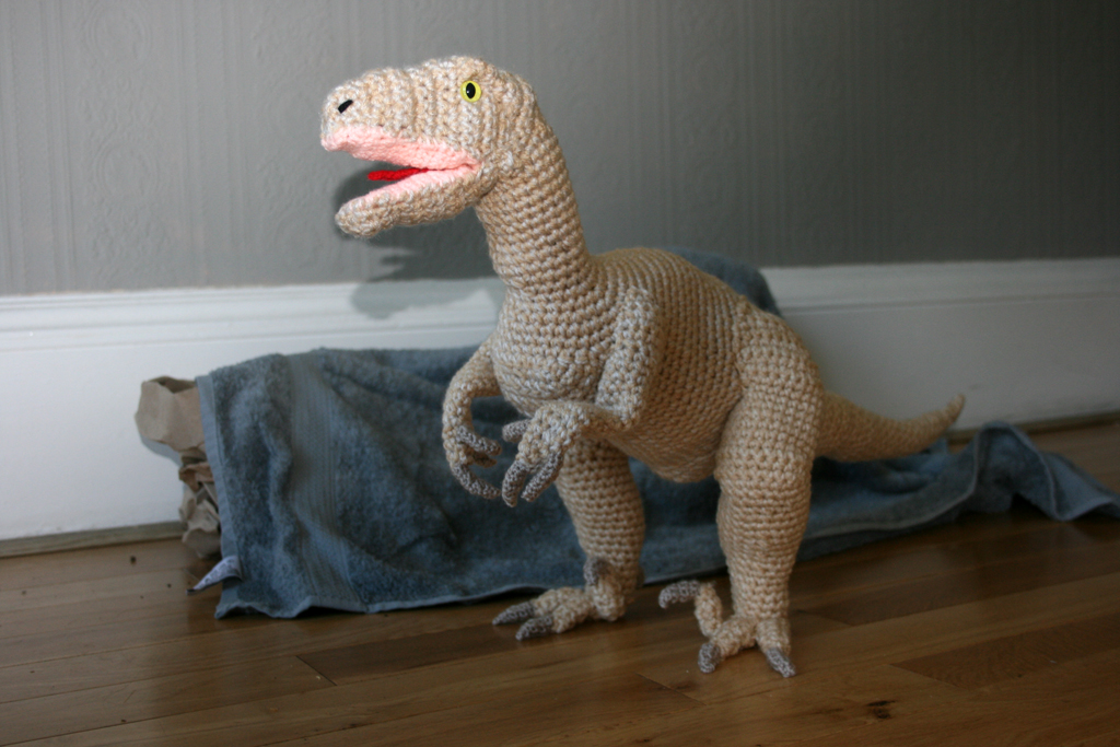 Soggy Wolfie ^. .^ Chicken the Crocheted Velociraptor