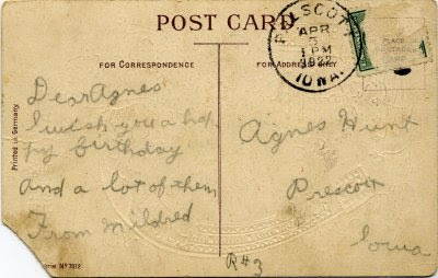 1922 Birthday postcard--address and message