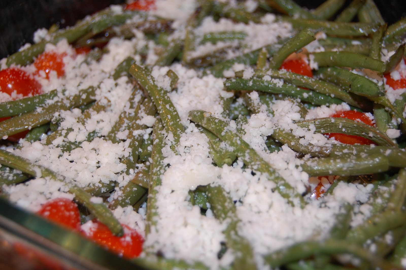 Scratch.Love Roasted Green Beans and Grape Tomatoes topped with Romano Cheese