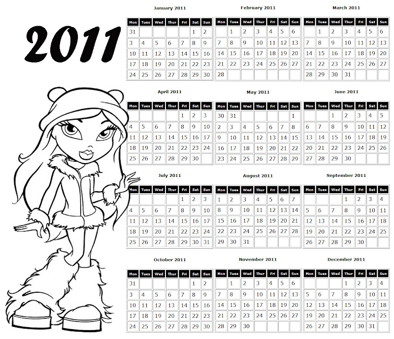 This is a free, printable Bratz calendar for 2011 - it has a picture  title=