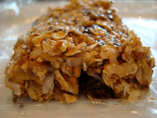 Close up of Vegan No-Bake Peanut Butter Chocolate Chip Protein Bar on plate