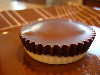 One Half White Chocolate/Half Dark Chocolate Outer Coating with Chocolate PB Center on plate - 21