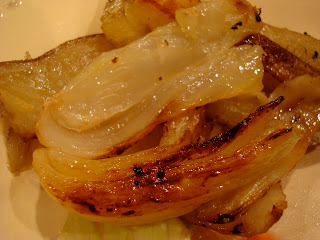 Close up caramelized Ginger Coconut Roasted Fennel & Potatoes