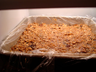 No-Bake Vegan Peanut Butter Protein Bars in pan placed in freezer