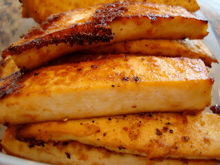 Side view of Sesame Ginger Maple Baked Tofu slices