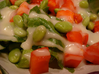 Edamame Salad toped with Vegan Slaw Dressing