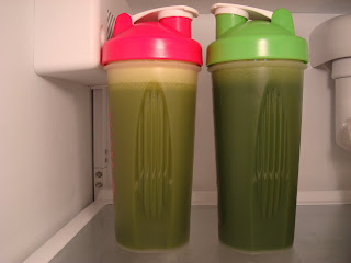Two green smoothies in refrigerator