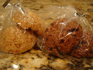 Packaged Blondie and Raw Vegan Chocolate Blondie Macaroons on countertop