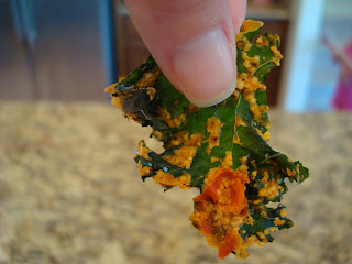 Up close of hand holding front of Kale Chip