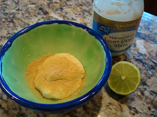 Ingredients to make Vegan Sweet Ginger-Lime "Sour Cream" Sauce in green and blue bowl