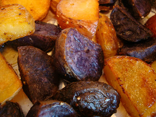 Tri Colored Roasted Potatoes up close showing crispy skin