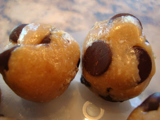 Close up of two Raw Chocolate Chip Cookie Dough Balls