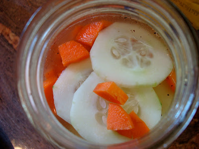 Cucumber slices and chopped carrots added to liquid mixture