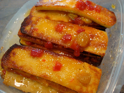 Stacked Mango Ginger Maple Tofu in clear container
