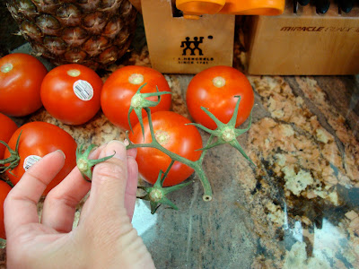 Hand holding vine of tomatoes in front of tomatoes on countertop