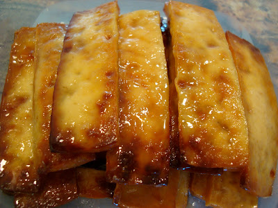 Green Tea and Honey Ginger Baked Tofu showing caramelized glaze