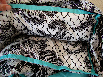Close up of white black and teal bedding set