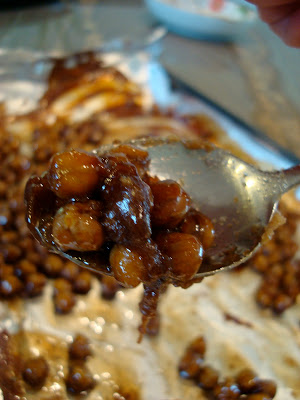 Spoon holding Carmelized Cinnamon Sugar Roasted Chickpea "Peanuts" showing caramelization