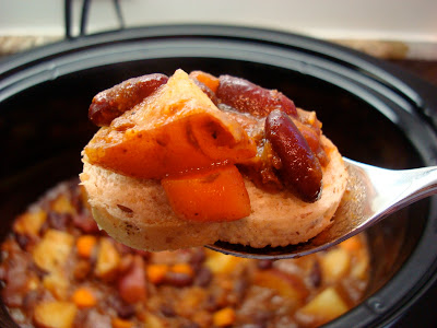 Vegan Crock Pot Chili on top of slice of baguette