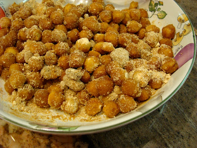 Close up of Cinnamon Sugar Peanut Buttery Chickpea "Peanuts" with Peanut Flour in dish