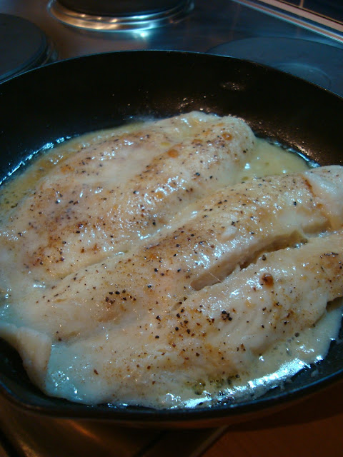 Close up of Pan Seared Ginger & Lemon Pepper Grouper with Sweet Dipping Sauce in pan