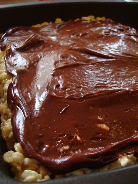 Uncut pan of GF Vegan "Rice Krispie" Treats with Vegan Chocolate Frosting