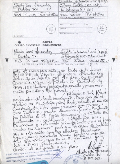 CARTA DOCUMENTO , LOCAL PREMIO