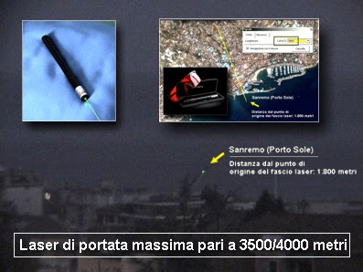 La 'penna' laser puntata verso il mare prospiciente il porto di Sanremo, ad oltre 1800 metri di distanza.