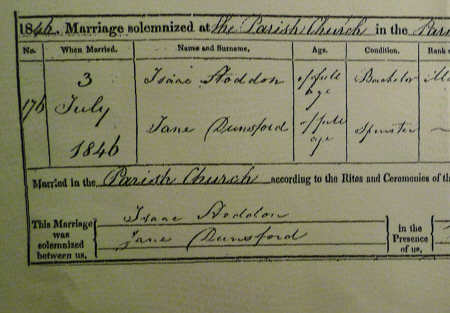 A Section of the Marriage Certificate for Jane Dunsford and Isaac Stoddon