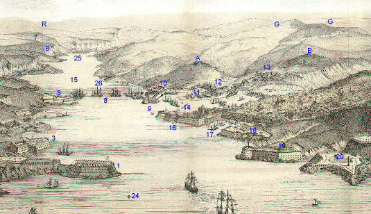 Sebastopol Harbour With Fort Constantine on Left (1) and the Quarantine Fort on the Right (19)