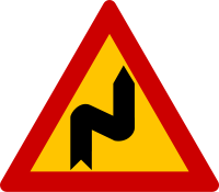 Greek road sign advising of double dangerous curves ahead