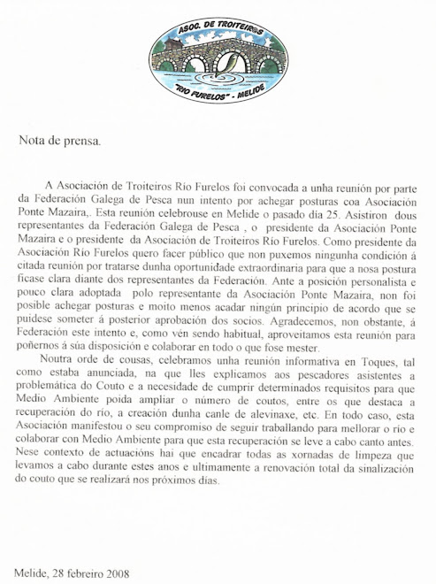 Comunicado de Prensa Asociación Troiteiros Río Furelos
