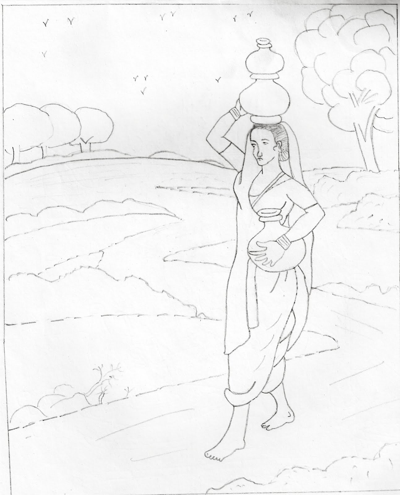 Pencil Sketch Woman carrying the earthen pot filled with water My