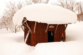 出雲峠の非難小屋の屋根には雪がいっぱい積もっていました。