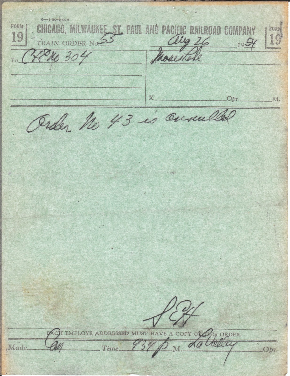 Big Bend Railroad History: Moses Lake Trainorder and Clearance Form