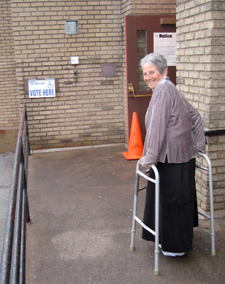 woman with walker at polling place