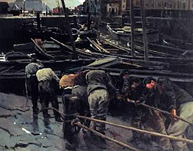 Marineros Trabajando en el puerto Marineros Trabajando en el puerto, Enrique Martínez Cubells, Pintor español, Pintores españoles, Martínez Cubells, Paisajes de Enrique Martínez Cubells, Pintores Valencianos