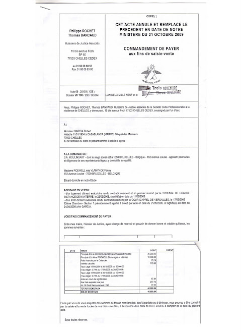 Nouvelle saisie-vente reçue le 3 novembre 2009