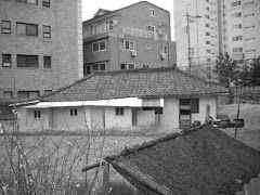 Old house surrounded by new apartments