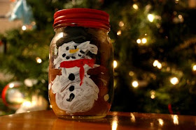 snowman painted on jar candle