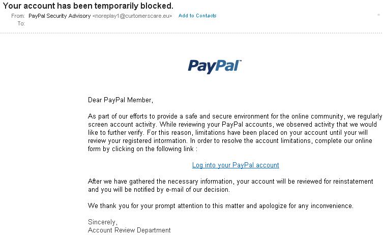 Your account is limited. PAYPAL scam email.