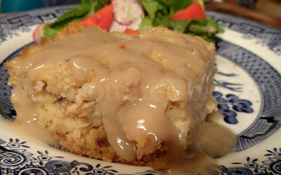 Chicken and cornbread dressing in a casserole form and served with homemade gravy is pure comfort food anytime of the year. It's a perfect dish to carry to a potluck or church social too!