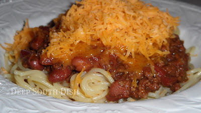 My homemade beef and bean stovetop chili, served "Cincinnati Style" on a bed of spaghetti noodles and topped with cheese. If you've turned your nose up at this and never tried it, you must try it at least once. I got hooked first bite.